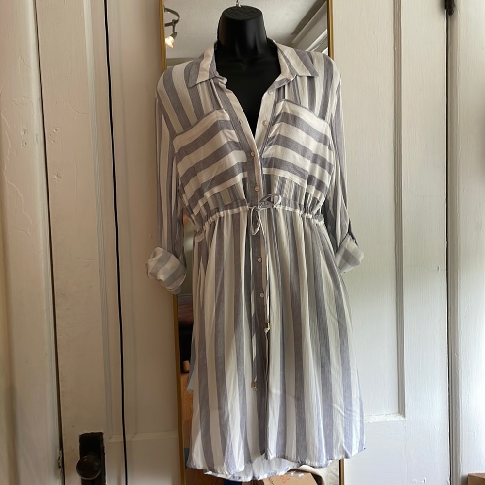 New Without Tags - Love Notes Stripped Shirt Dress w/ waist tie